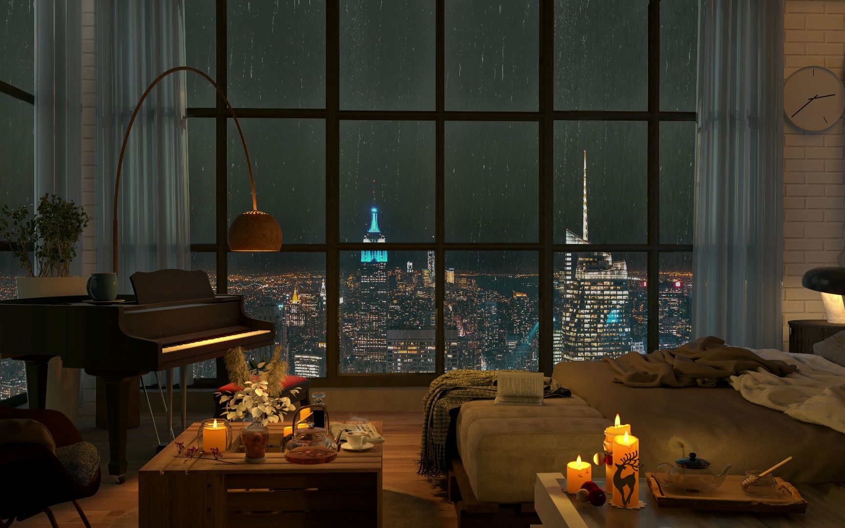 雨】舒适的卧室,可欣赏纽约市夜景 | 在柔和的雨中有助睡眠和放松