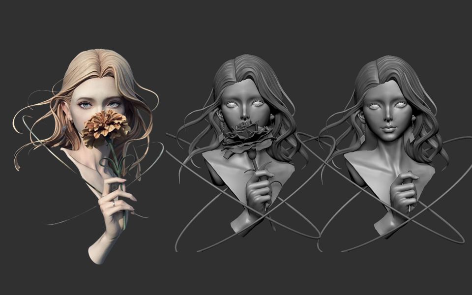 【zbrush雕刻】拿花女性半身模型zb雕刻全流程案例,超詳細女性角色