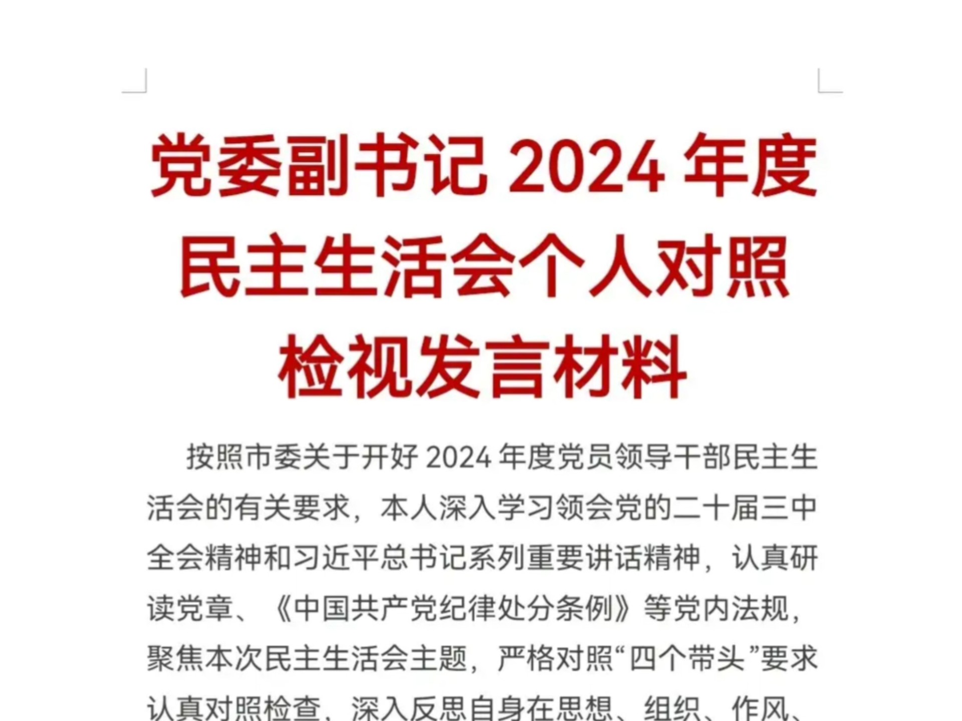 党委副书记2024年度民主生活会个人对照检视发言材料