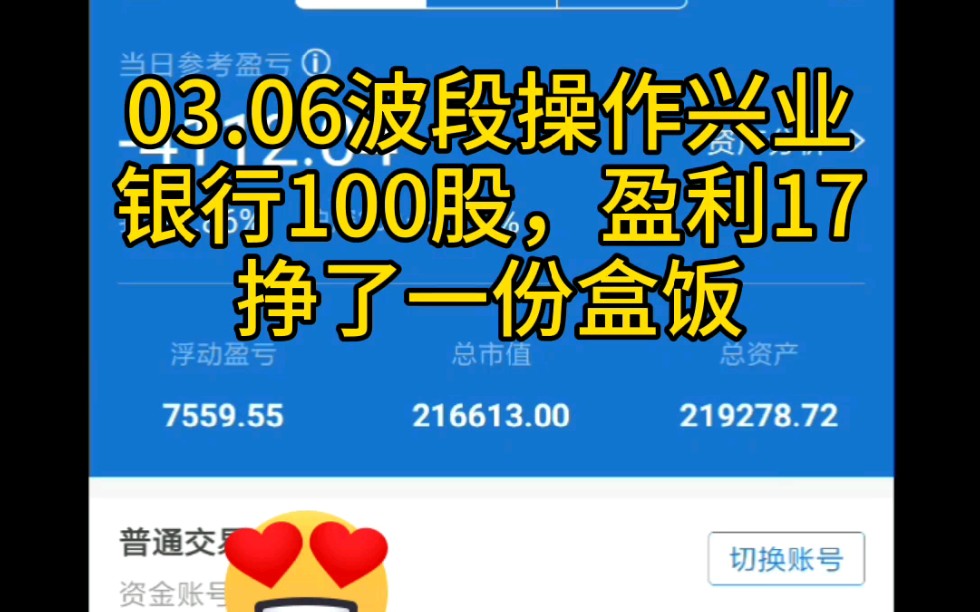 【目标首付100万】+03.06兴业银行波段操作盈利17元,相当于挣个盒饭哔哩哔哩bilibili