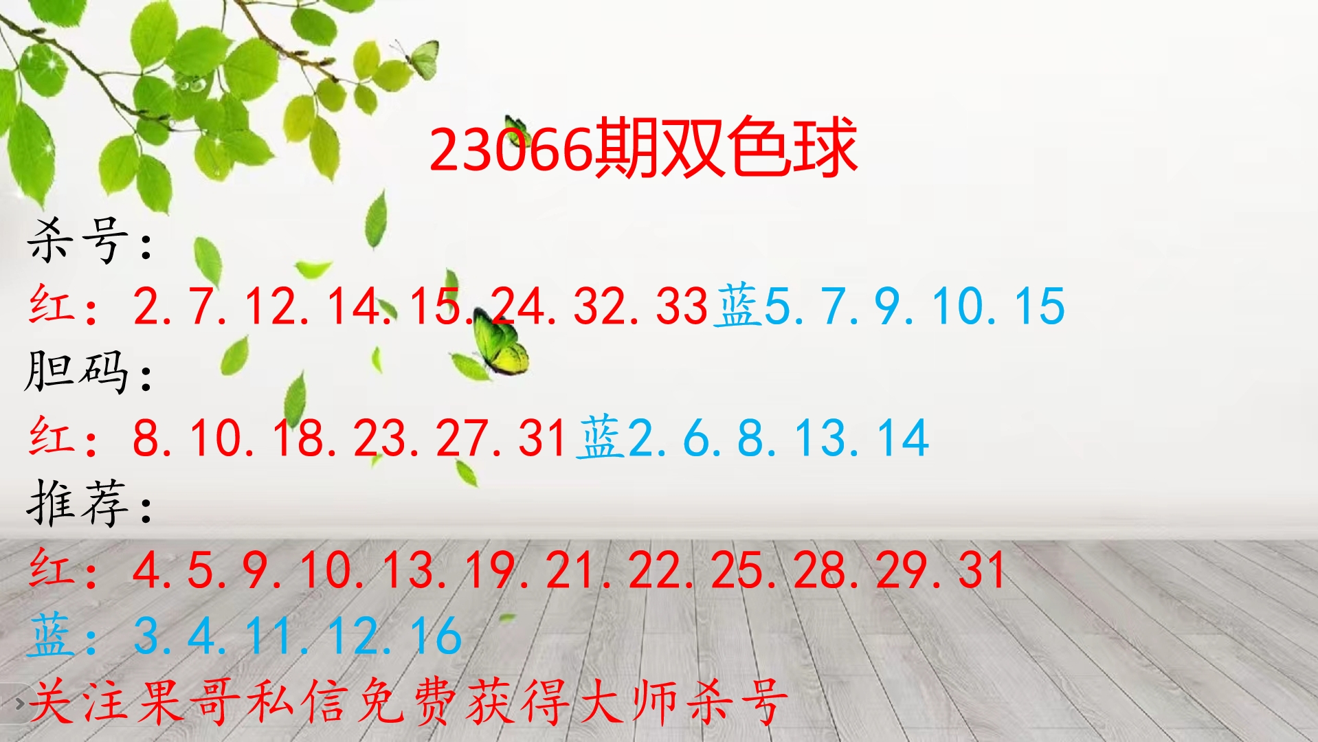 【果哥说彩】上期杀号全中!23066期双色球杀号与推荐(前面蓝选写错)