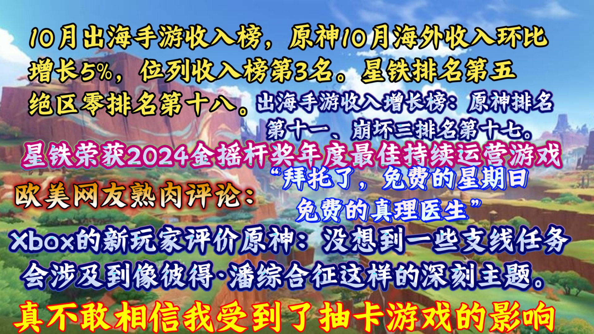 原神10月海外收入涨幅不错,环比增长5%位列收入榜第3名.星铁排名第五,绝区零排名第十八;星铁荣获2024金摇杆奖年度最佳持续运营游戏哔哩哔哩...