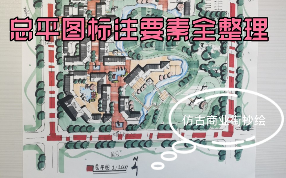 仿古商业街快题抄绘总平面图标注要素全整理