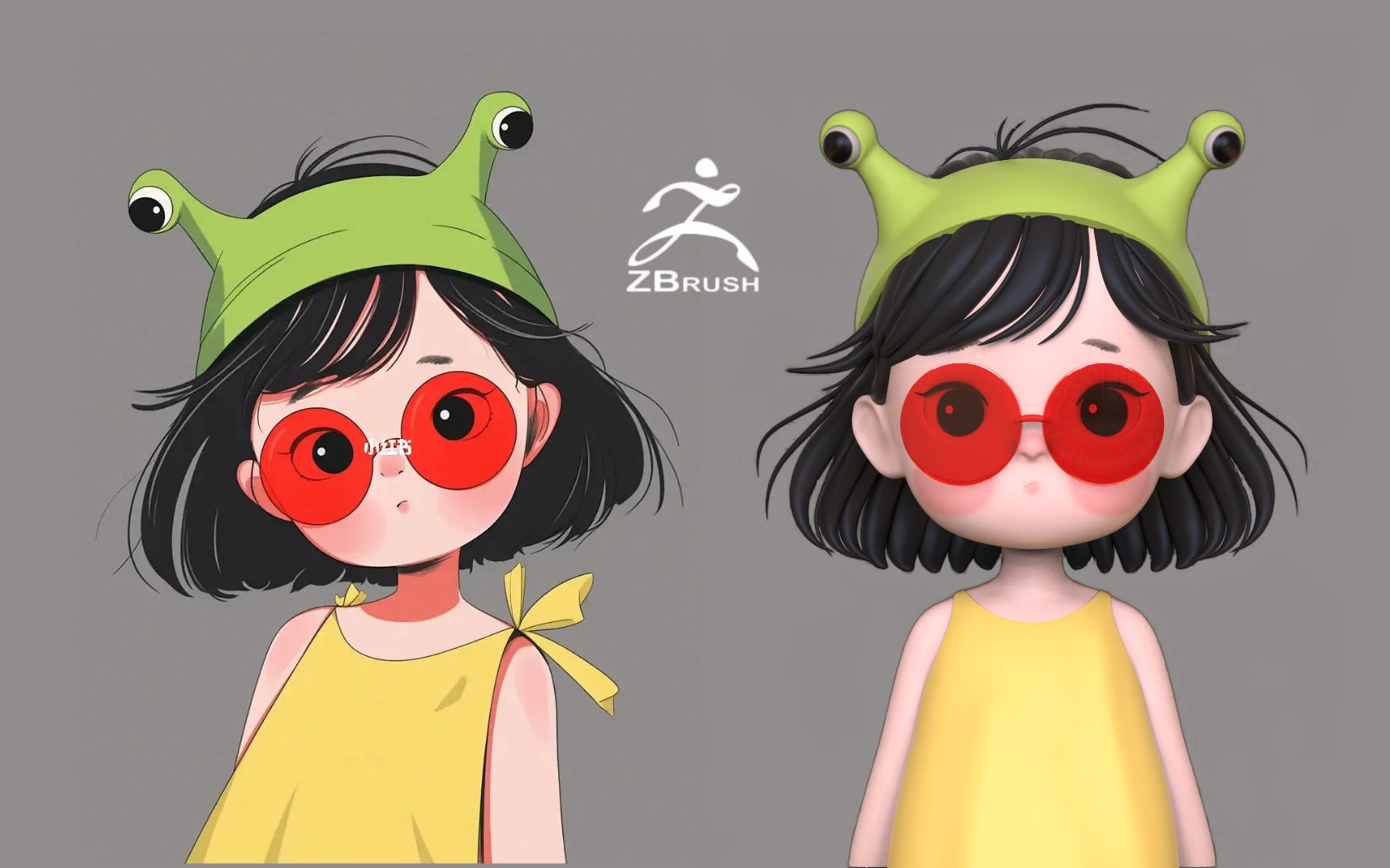 【zbrush手办建模】青蛙女孩头像手办模型雕刻,从裸模开始雕,渲染出来