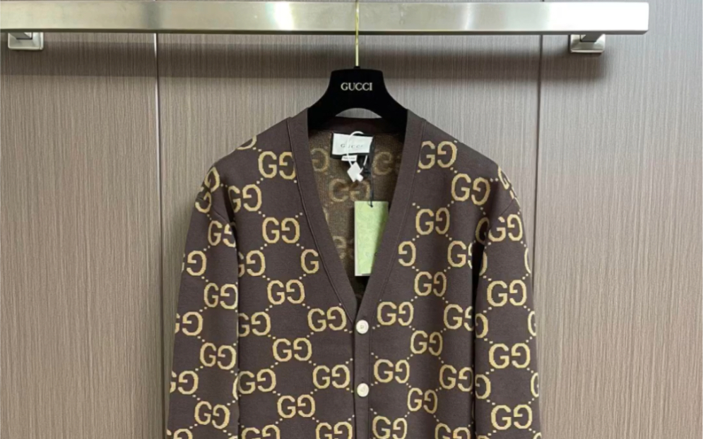 gucci古驰高仿双g提花复古深红撞色～宽松休闲针织开衫