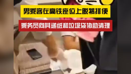 男乘客在高铁座位上脱裤排便，乘务员向其递纸和垃圾袋协助清理