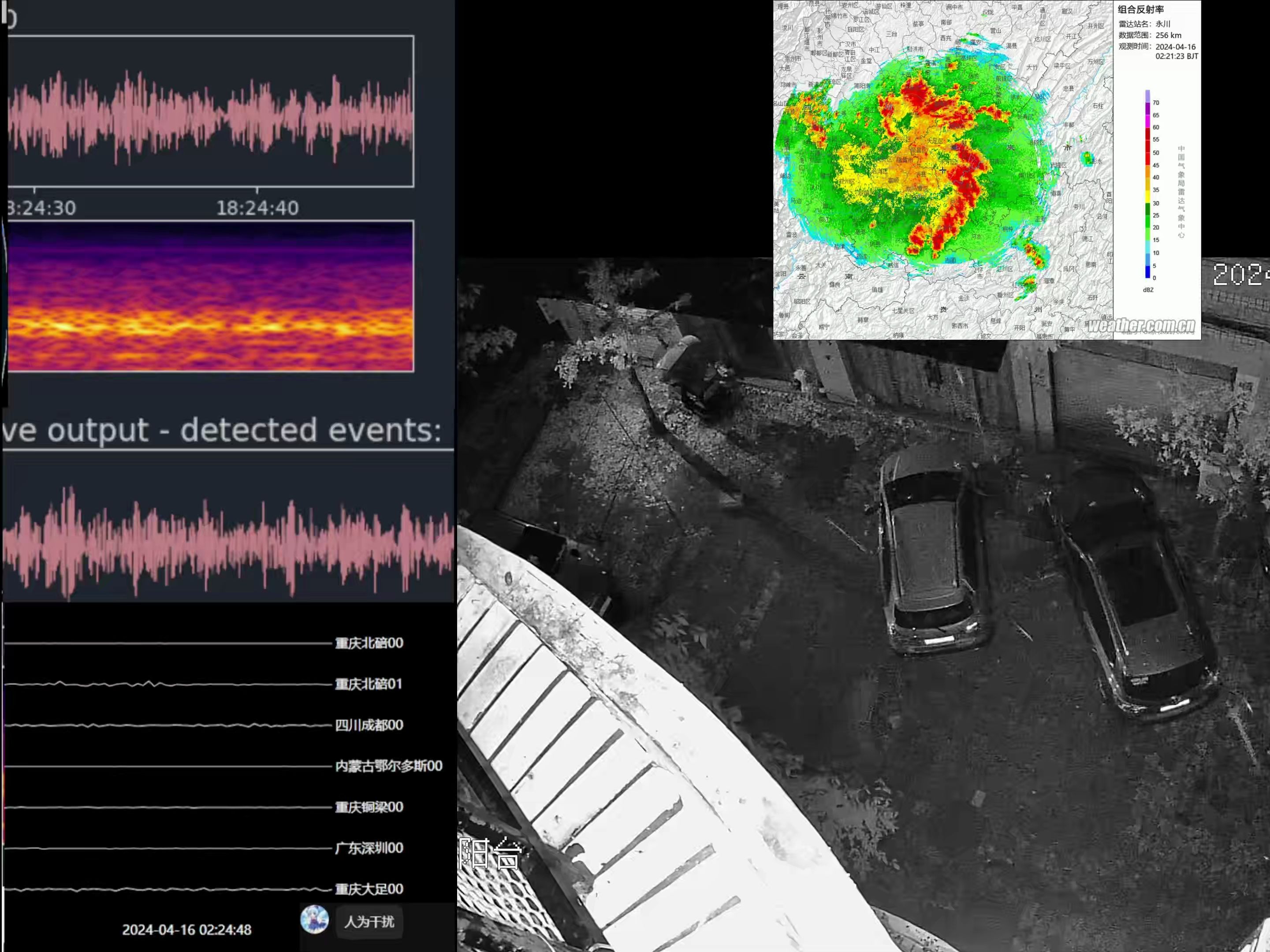 [非地震事件] 2024年4月15日晚2024年4月16日 重庆强对流天气 重庆市铜梁区监控画面 重庆市地震仪监视器 同步雷达反射图哔哩哔哩bilibili
