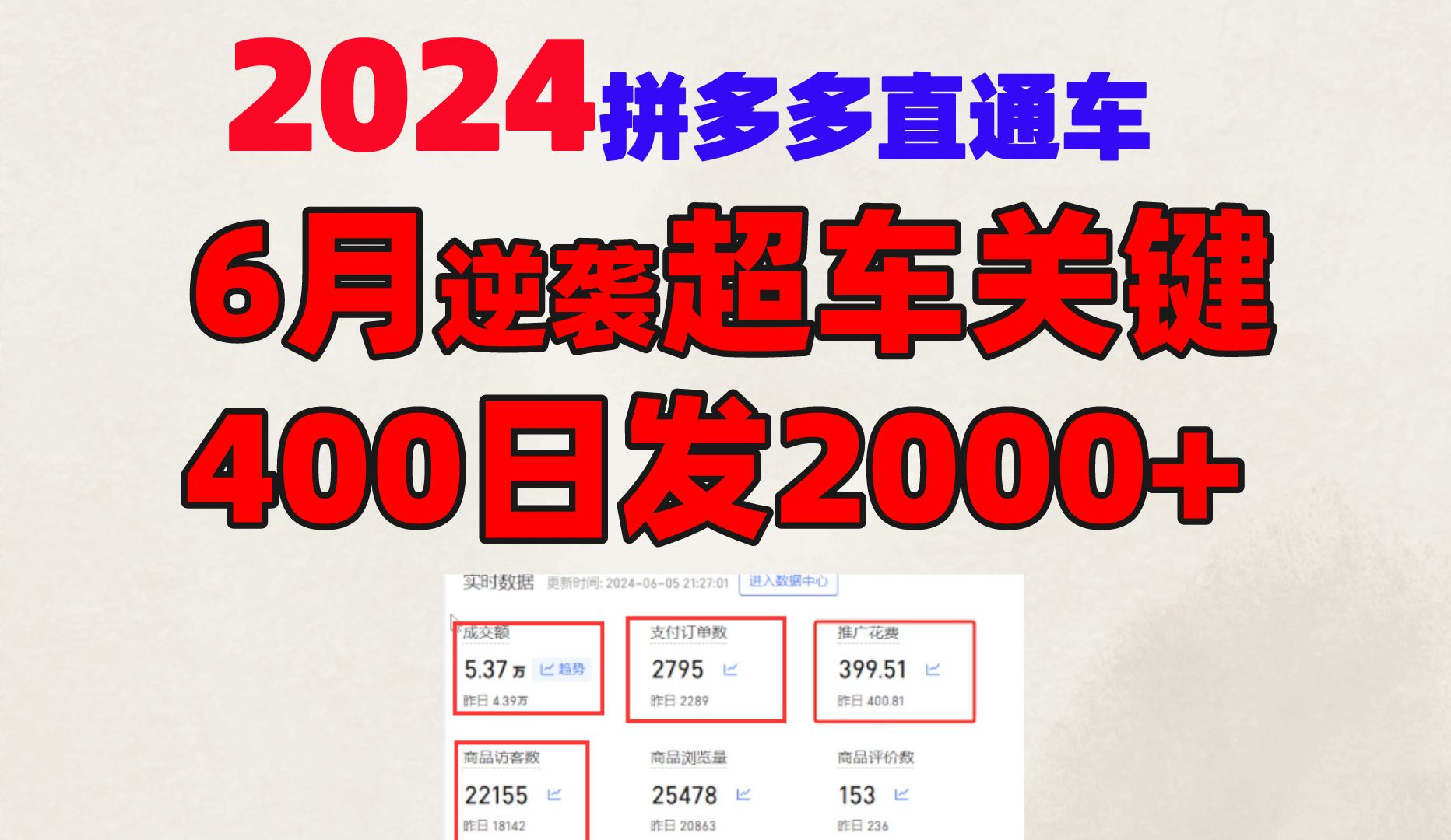 2024拼多多直通车,六月逆袭超车关键,投400圆日发2000+拼多多起店实操,拼多多运营教学,拼多多新手开店,拼多多运营思路哔哩哔哩bilibili