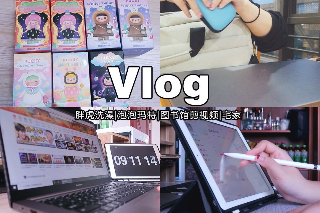 【Mendy】Vlog.胖虎洗澡|泡泡玛特|图书馆剪视频|宅家哔哩哔哩bilibili