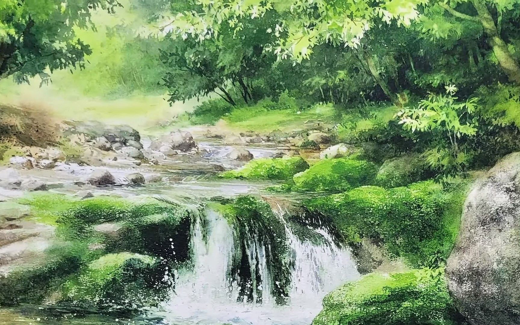 【水彩】风景技法《山谷中的小瀑布》