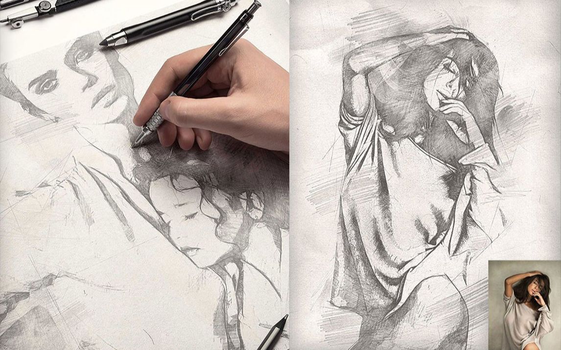 简单唯美写实铅笔素描人物图片效果ps动作教程