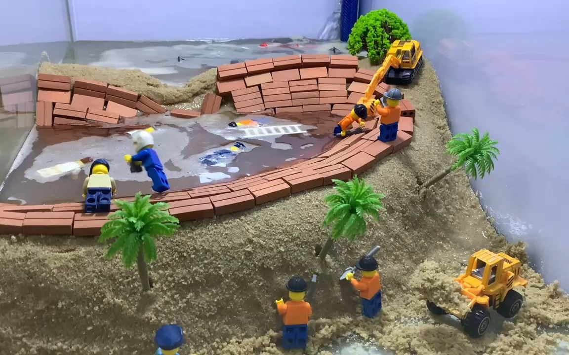 乐高大坝决口实验,正在建造的大坝被水破坏了