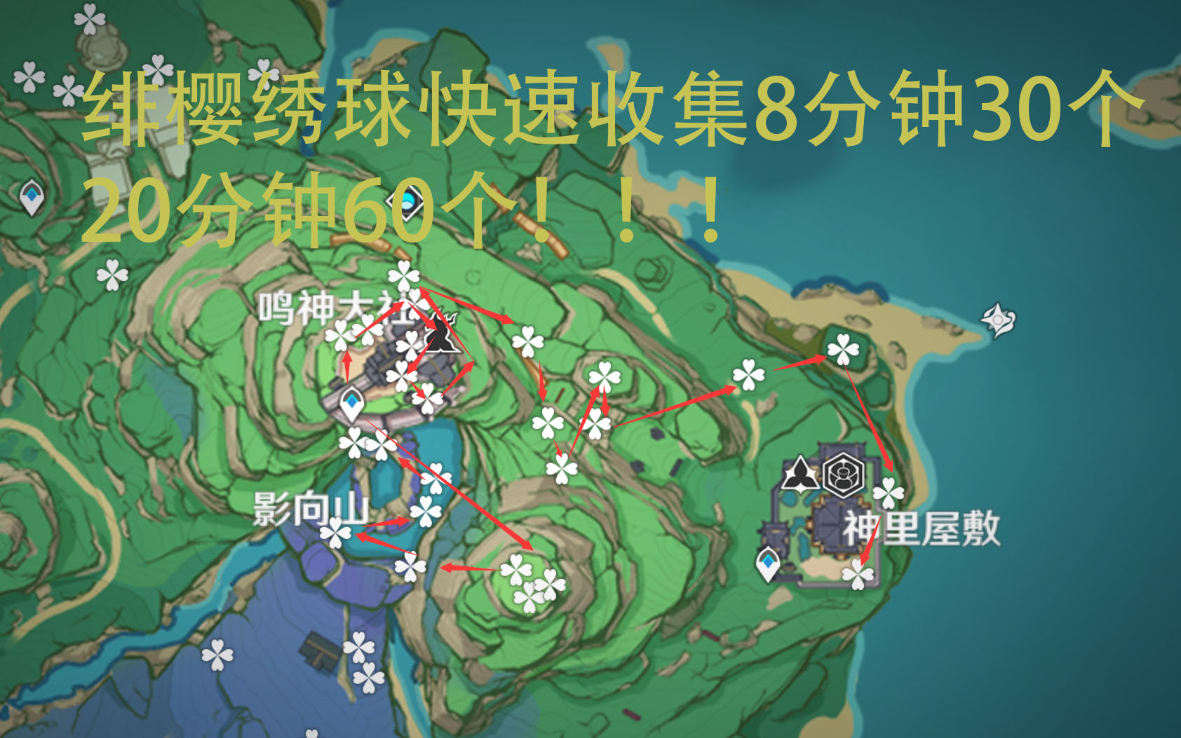 原神稻妻快速收集攻略15分钟60个绯樱绣球神里篇