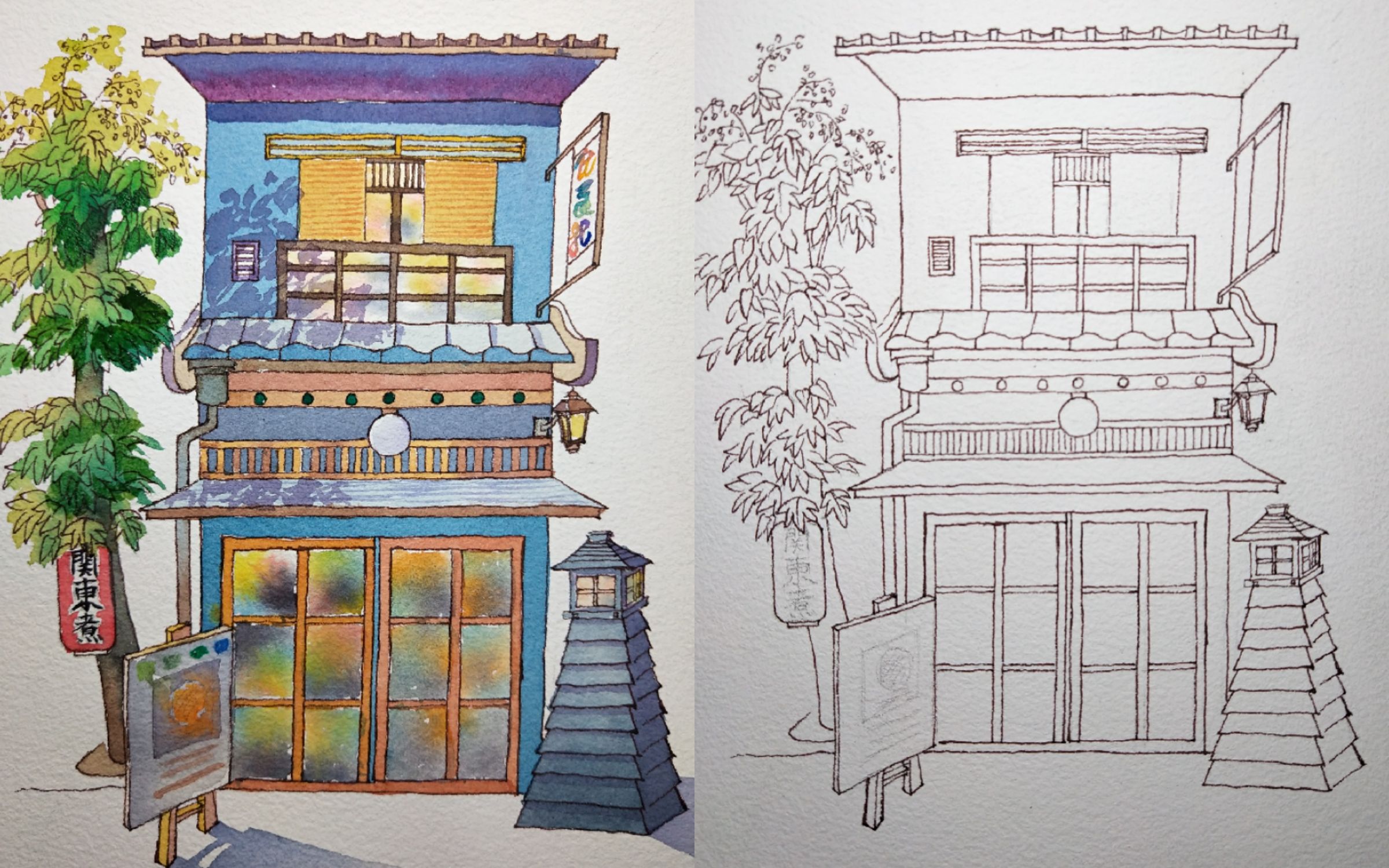 钢笔淡彩超简单的水彩小房子上色过程附线稿