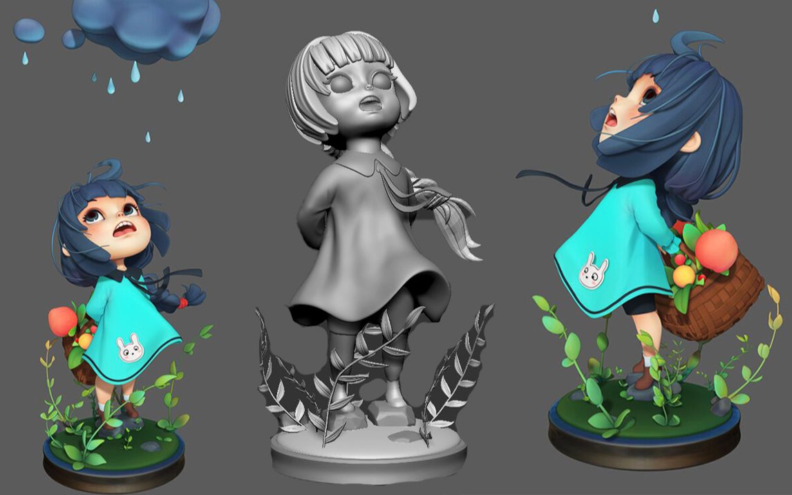 【zbrush新手建模教程】q版小女孩手办雕刻上色教程,二次元手办头发