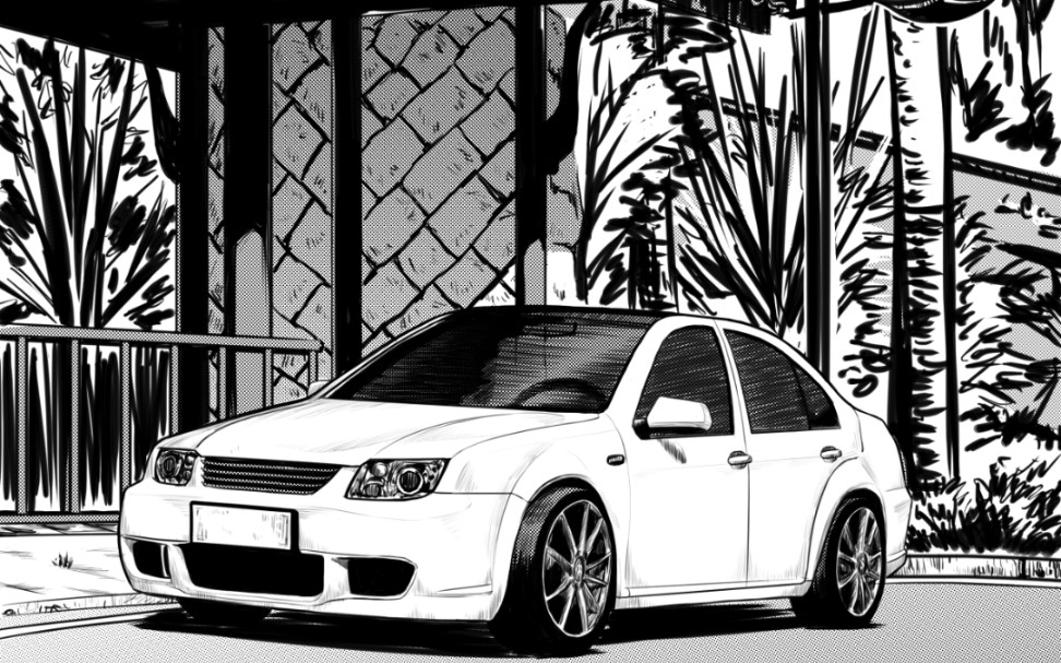 板绘插画黑白漫画风格插画之小汽车