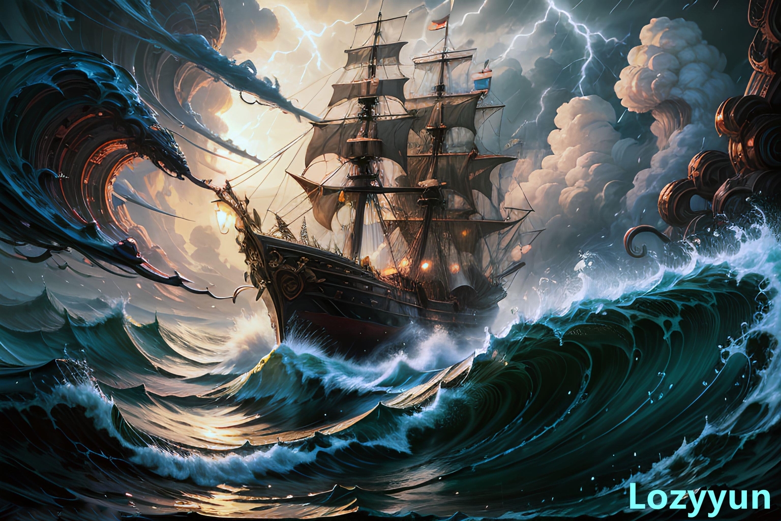 "ai绘画|乘风破浪:与海盗船共舞的海上冒险!