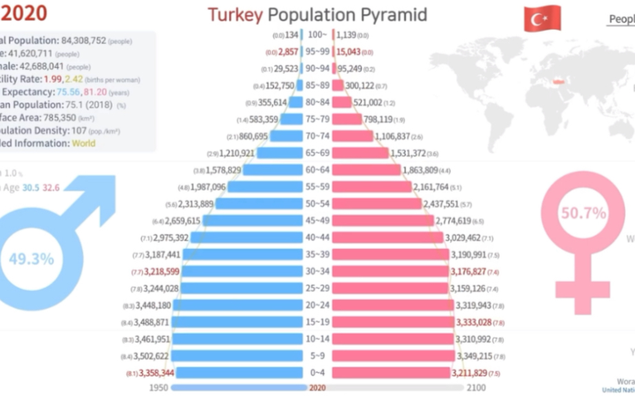 [Woraph]土耳其人口金字塔演化历史及预测(1950~2100)哔哩哔哩bilibili