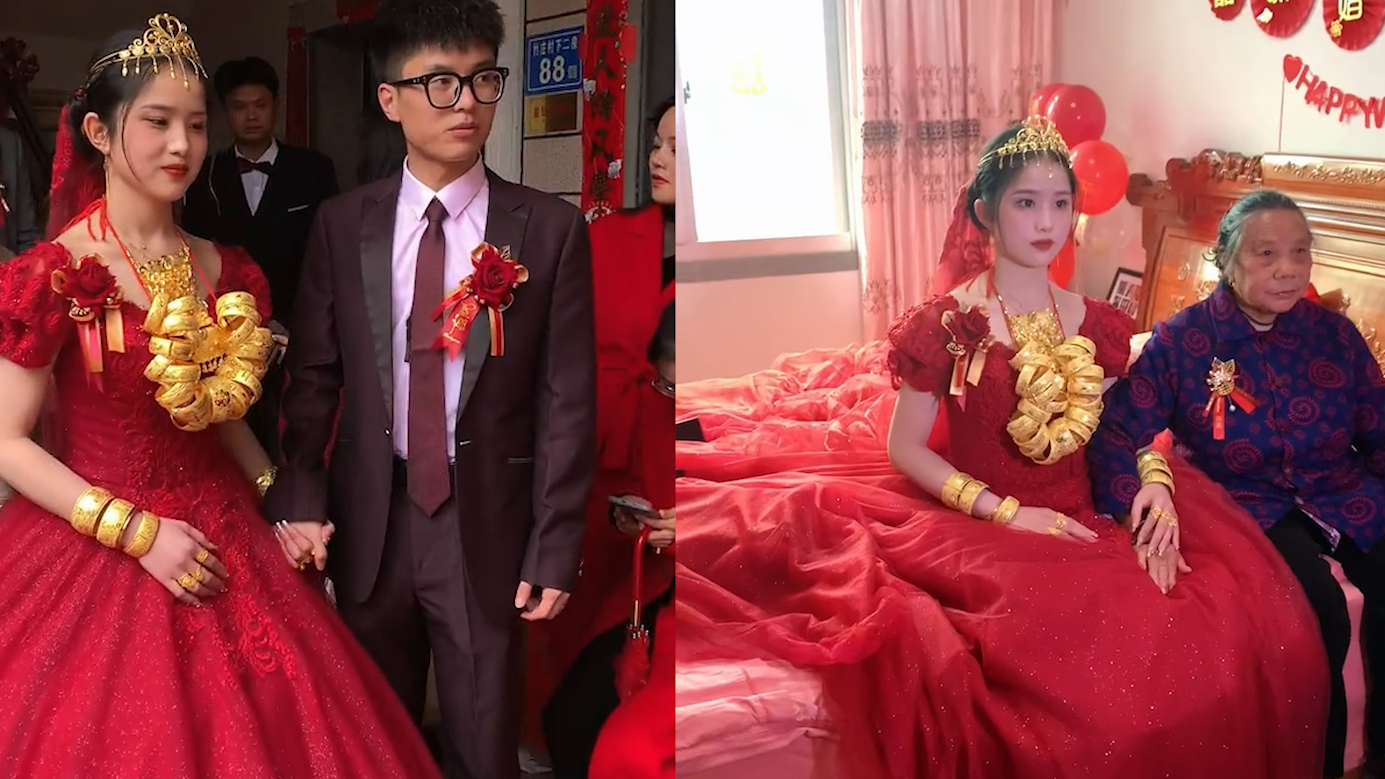 农村婚礼喜乐融融!新娘一身红色婚纱满身金首饰,网友祝福满满