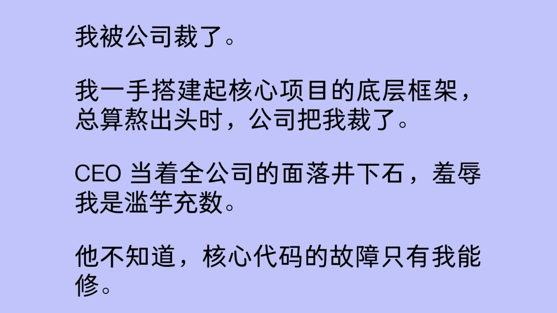 我被公司开除了.我一手搭建起核心项目的底层框架,总算熬出头时,公司把我裁了.CEO 当着全公司的面落井下石,羞辱我是滥竽充数.他不知道......哔...