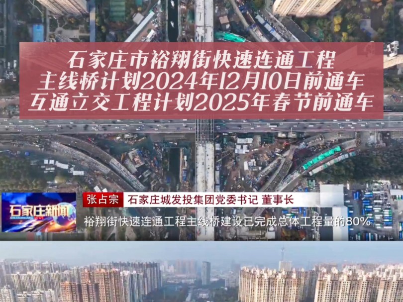 石家庄市裕翔街快速连通工程主线桥建设已完成总体工程量的80%,互通立交匝道建设已接近总体的50%,工程主线桥计划2024年12月10日前通车哔哩哔哩...