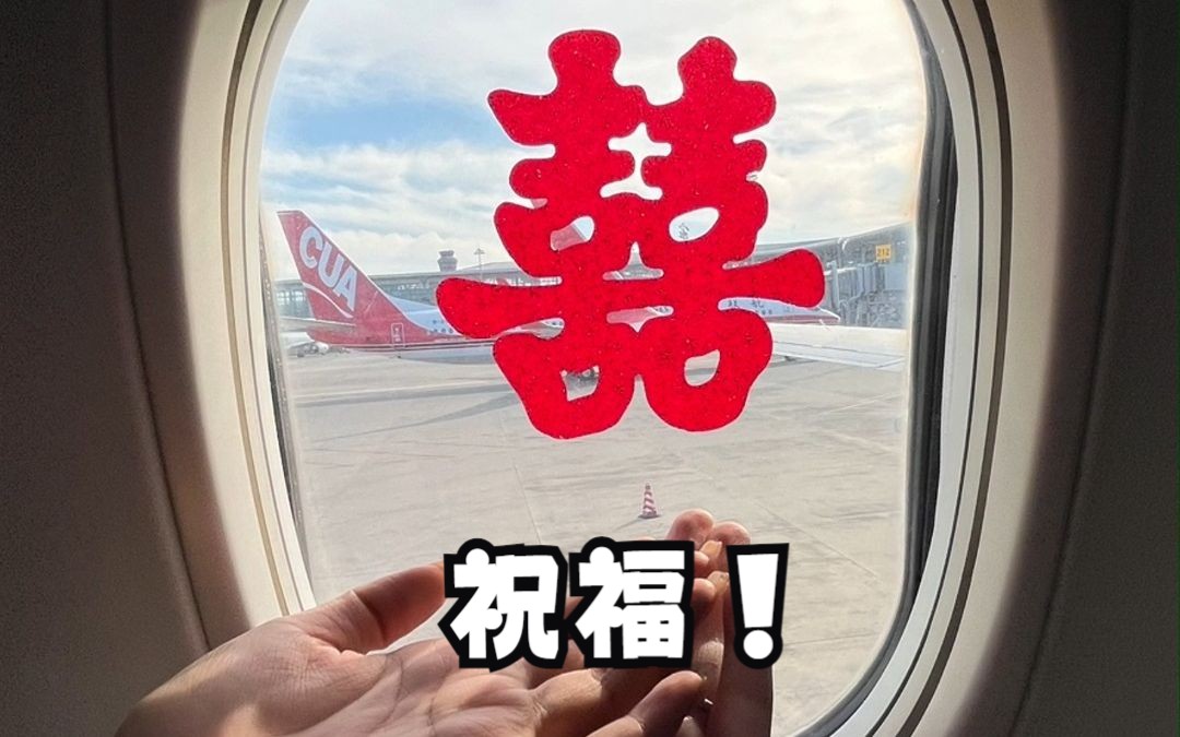 小两口飞机上举着喜字拍照