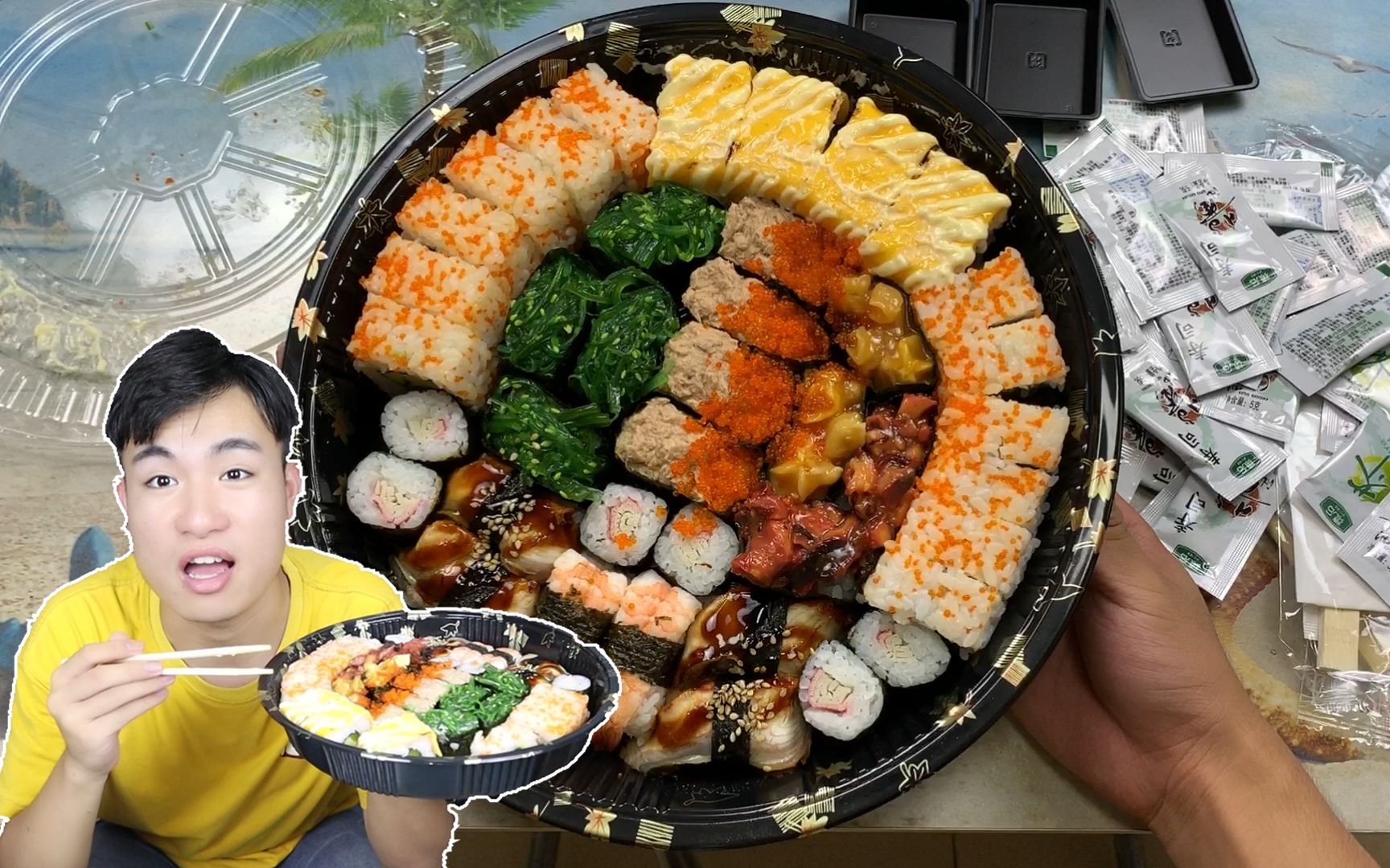 外卖64元"寿司拼盘"土豪套餐,打开我就发现,64元买了一堆的酱料包