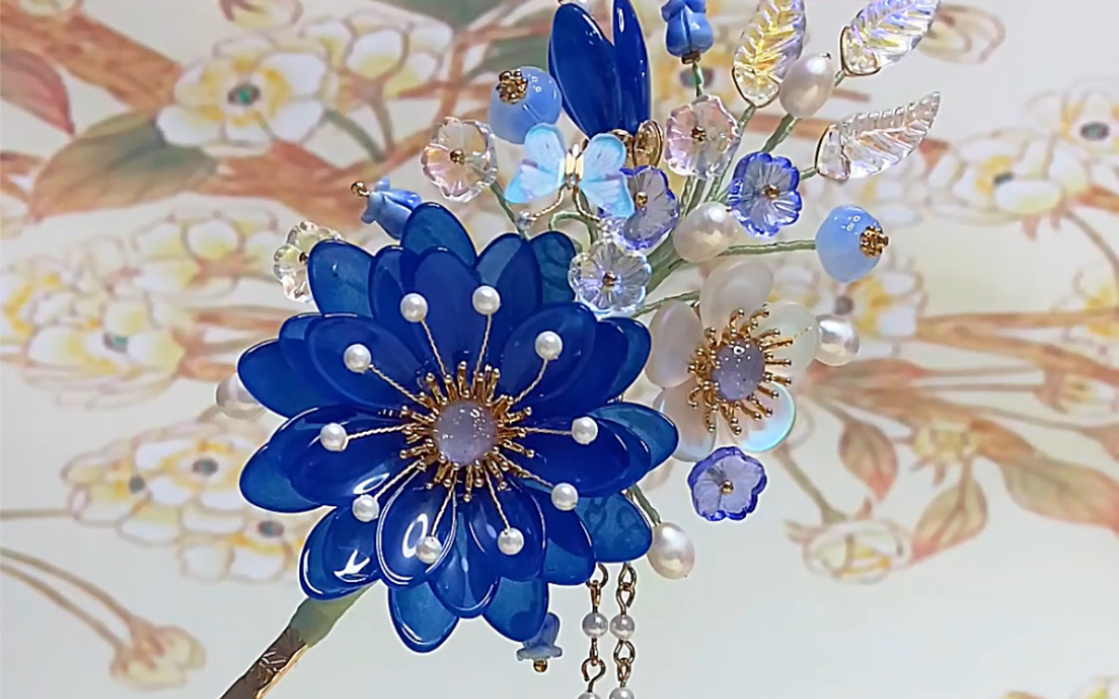 手作琉璃花发钗你们要的故宫蓝来了