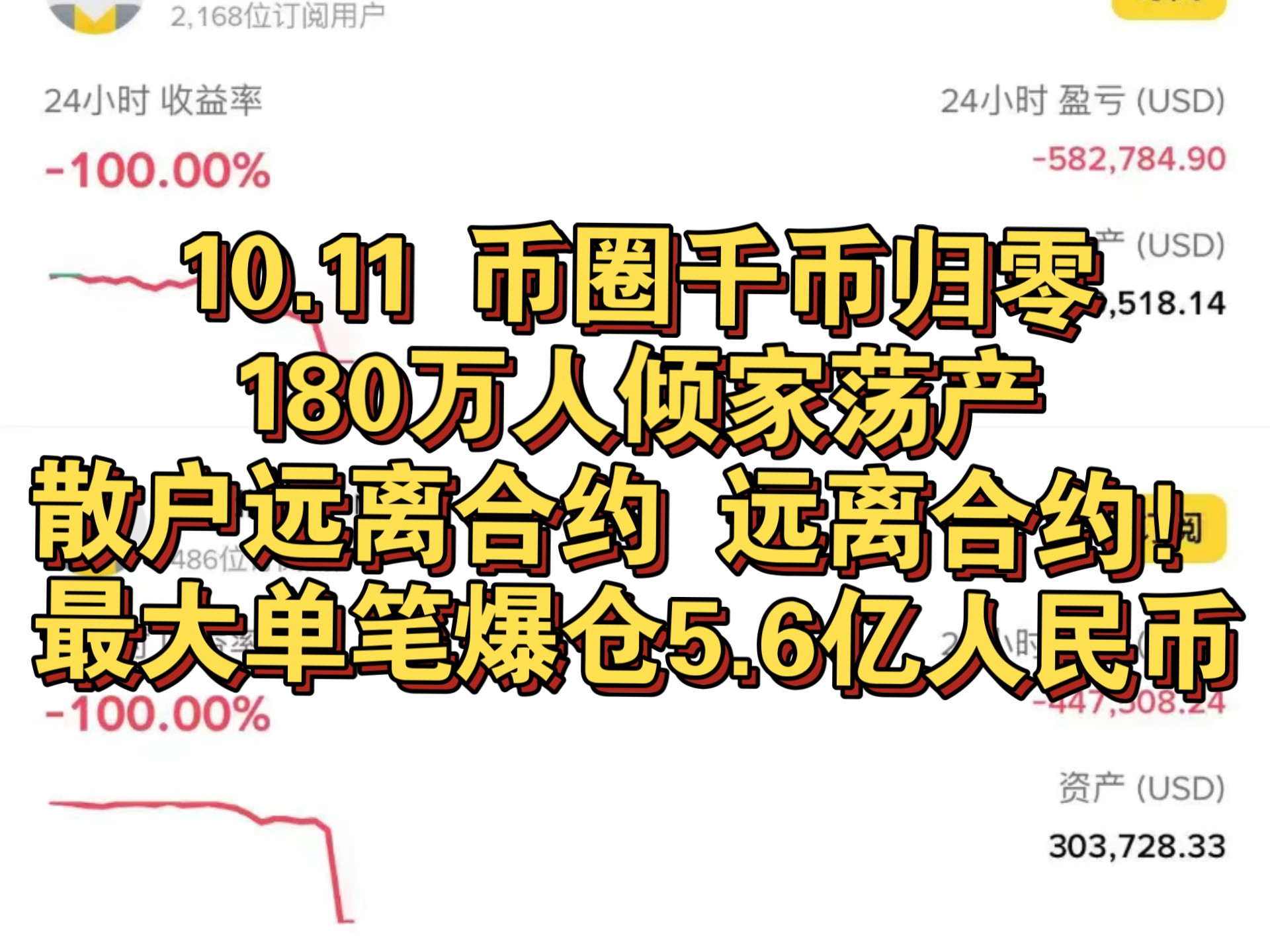 1011 币圈史诗级大跳水 180万人爆仓！！最大单笔爆仓5.6亿！散户远离币圈合约！