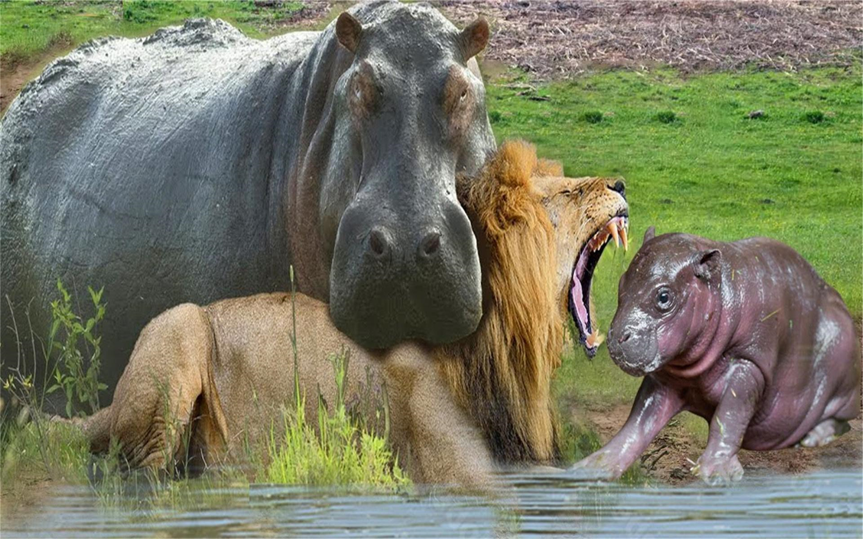 河马把一只狮子咬在它的嘴里!