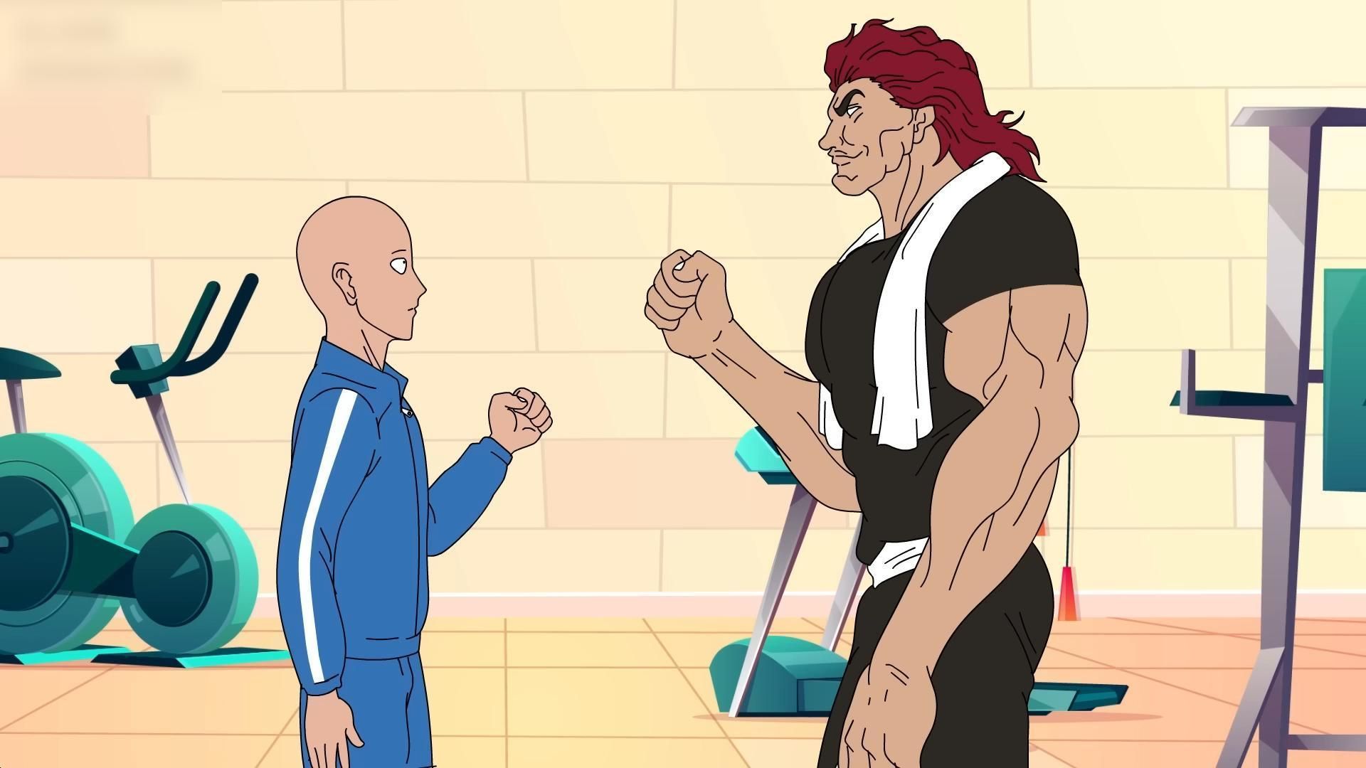 《勇次郎の大冒险》跟"琦玉"玩剪刀石头布游戏的"范马勇次郎"