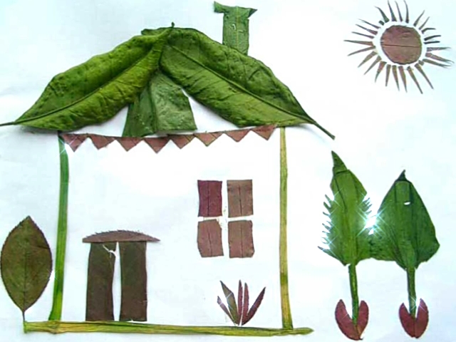 树叶贴画.小屋
