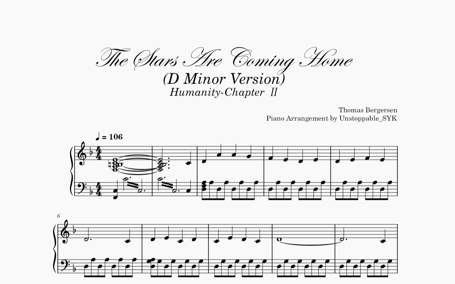 [图]The Stars Are Coming Home (D Minor Version by Thomas Bergersen) 钢琴改编