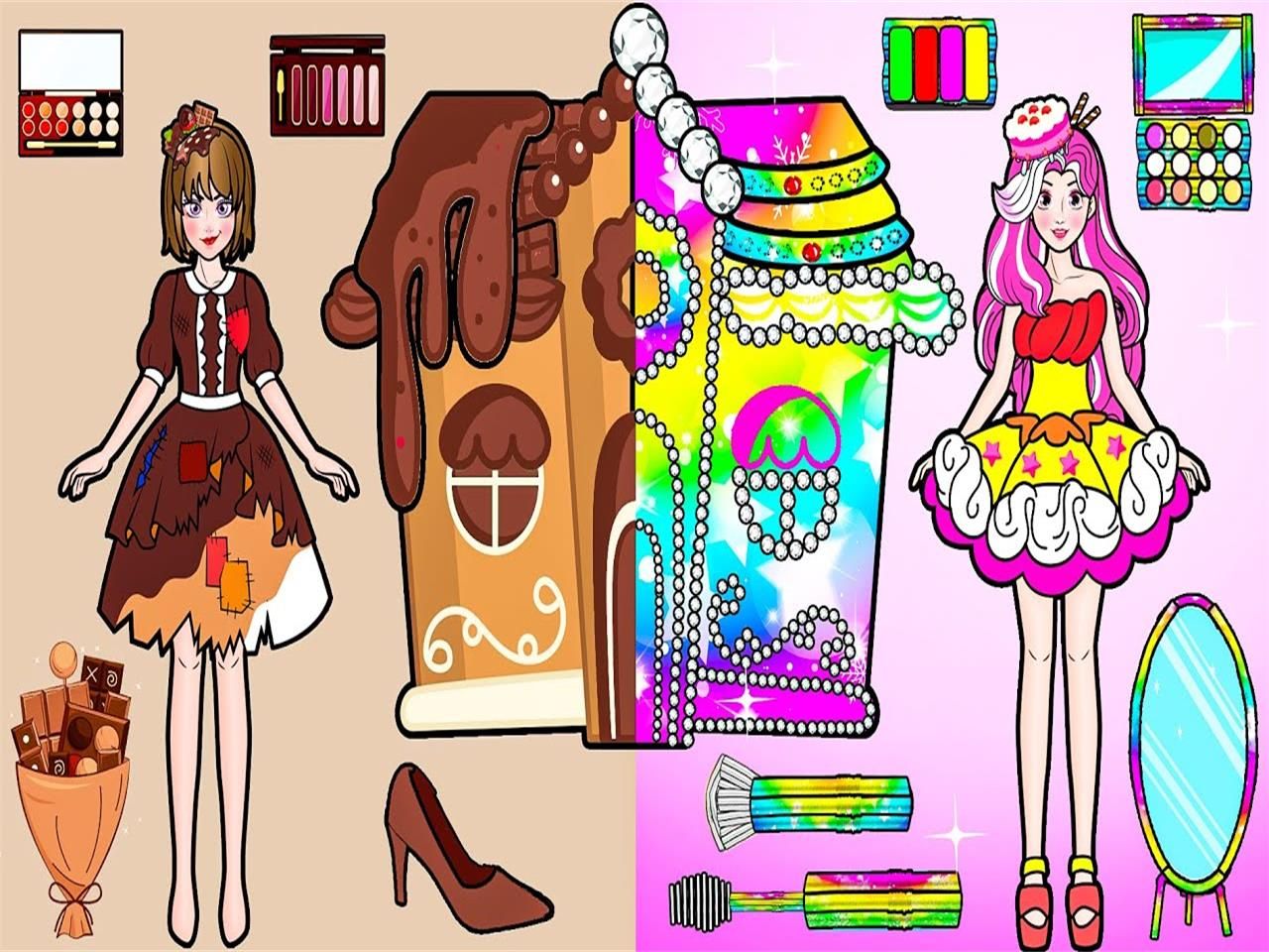 纸娃娃动画:灰姑娘vs公主娃娃屋装扮挑战,巧克力风vs彩虹糖果风,哪个