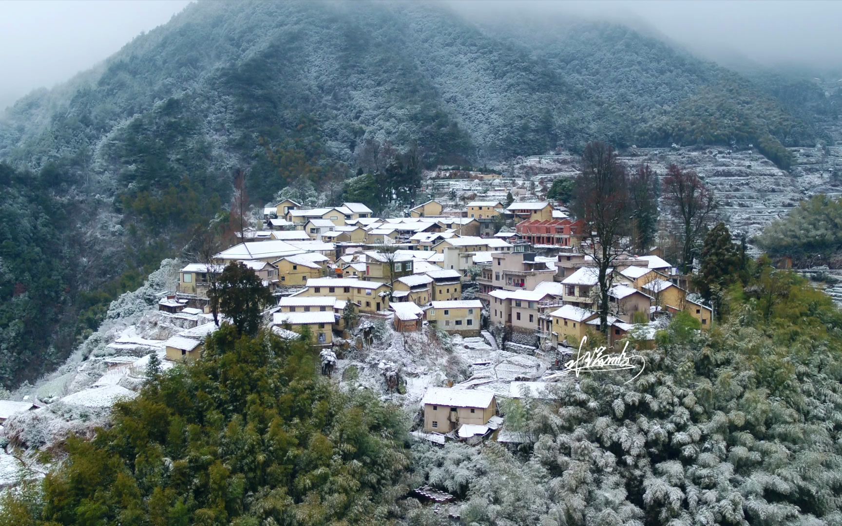 浙江丽水松阳四都2022年第一场雪景航拍|传统古村|云海|山路|竹海|梯田|哔哩哔哩bilibili