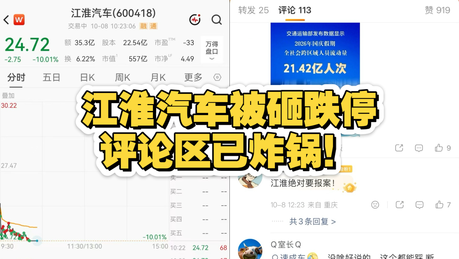 江淮汽车被砸跌停，评论区已炸锅！
