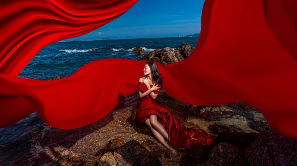 海景婚纱照修图|大红色配海真的好绝