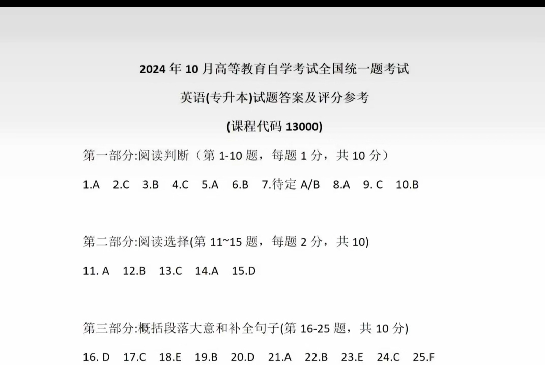 【对答案】24年10月自考科目 英语二,思修,外国文学史,文学概论,近现代史,美学,马原部分哔哩哔哩bilibili