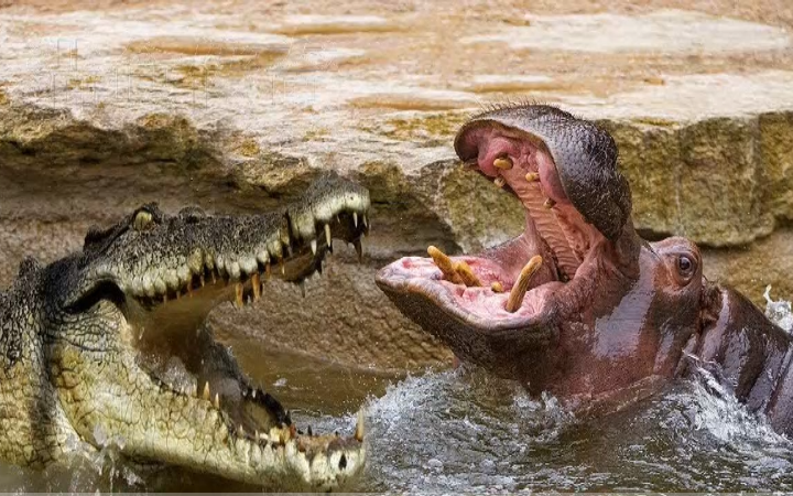 猎食传奇:鳄鱼与河马争夺栖息地,它们发动了一场血腥的争斗,太壮观了