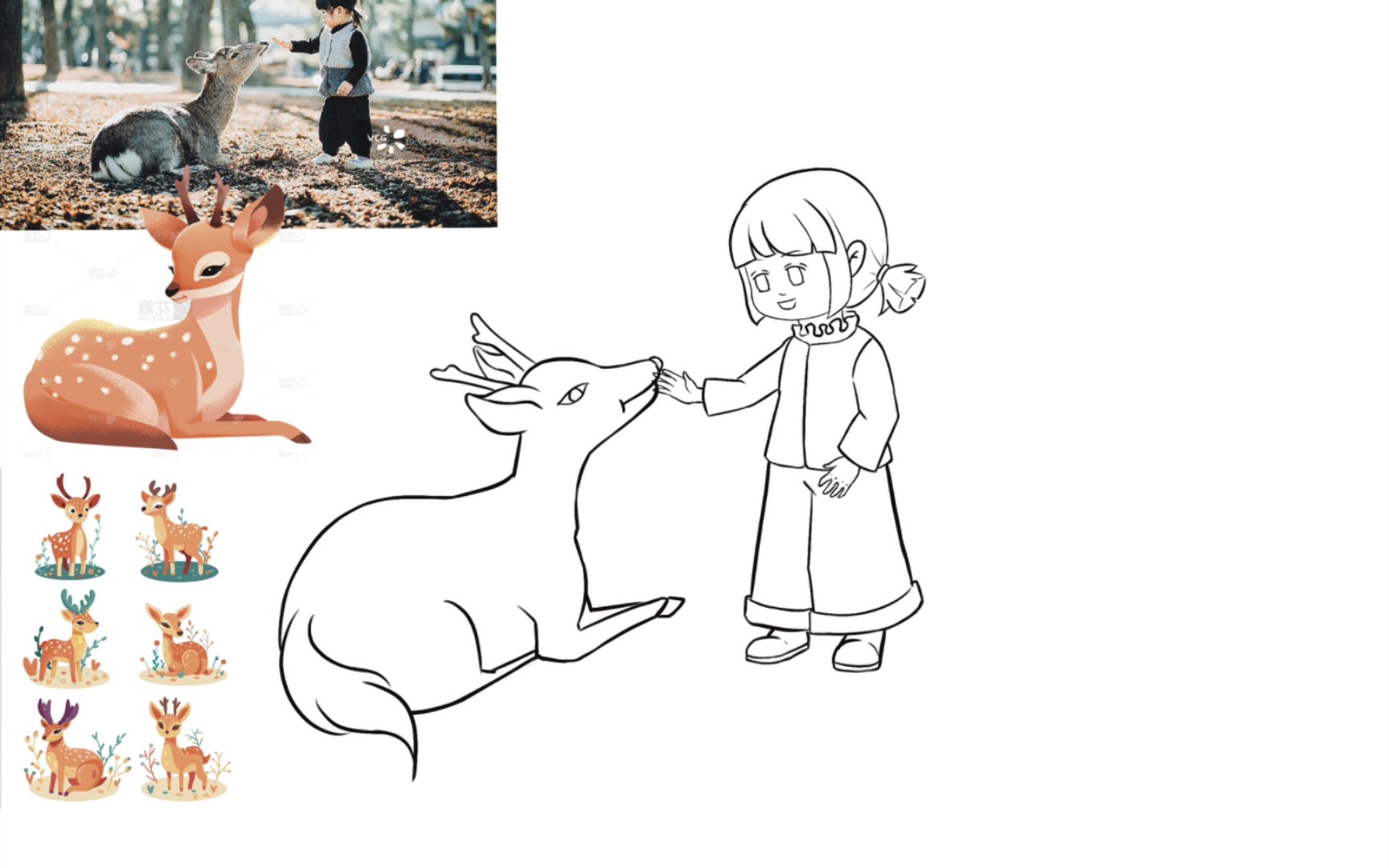 插画学习14—女孩与鹿(线稿)