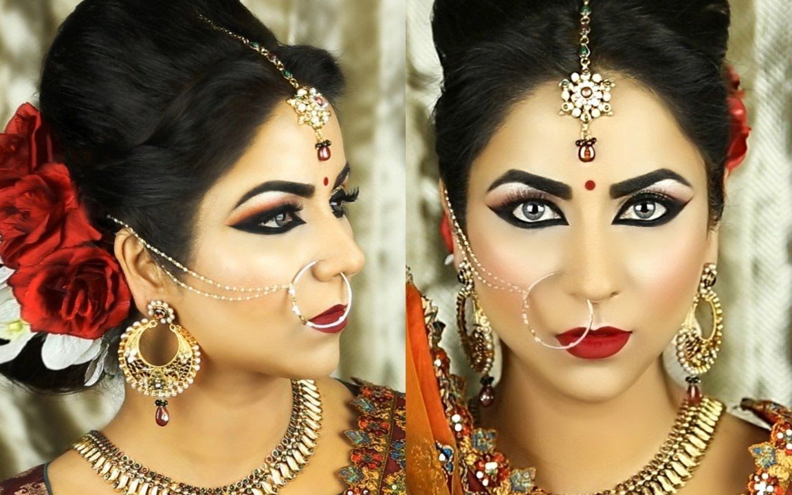 循序渐进的经典金色和红色南亚印度新娘妆
