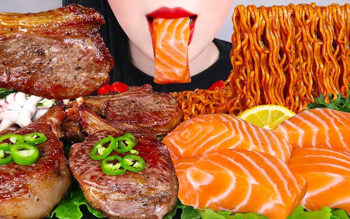 【hongyu】吃播 煎香小羊排&三文鱼&火鸡面&小鱿鱼