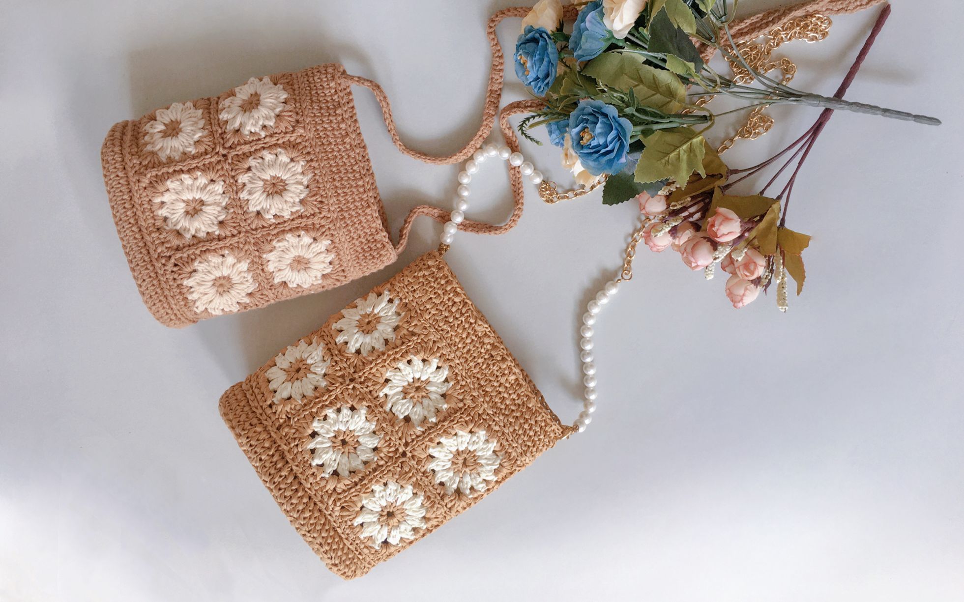 祖母格雏菊棉草拉菲线水桶包,钩针编织包包教程(上集)