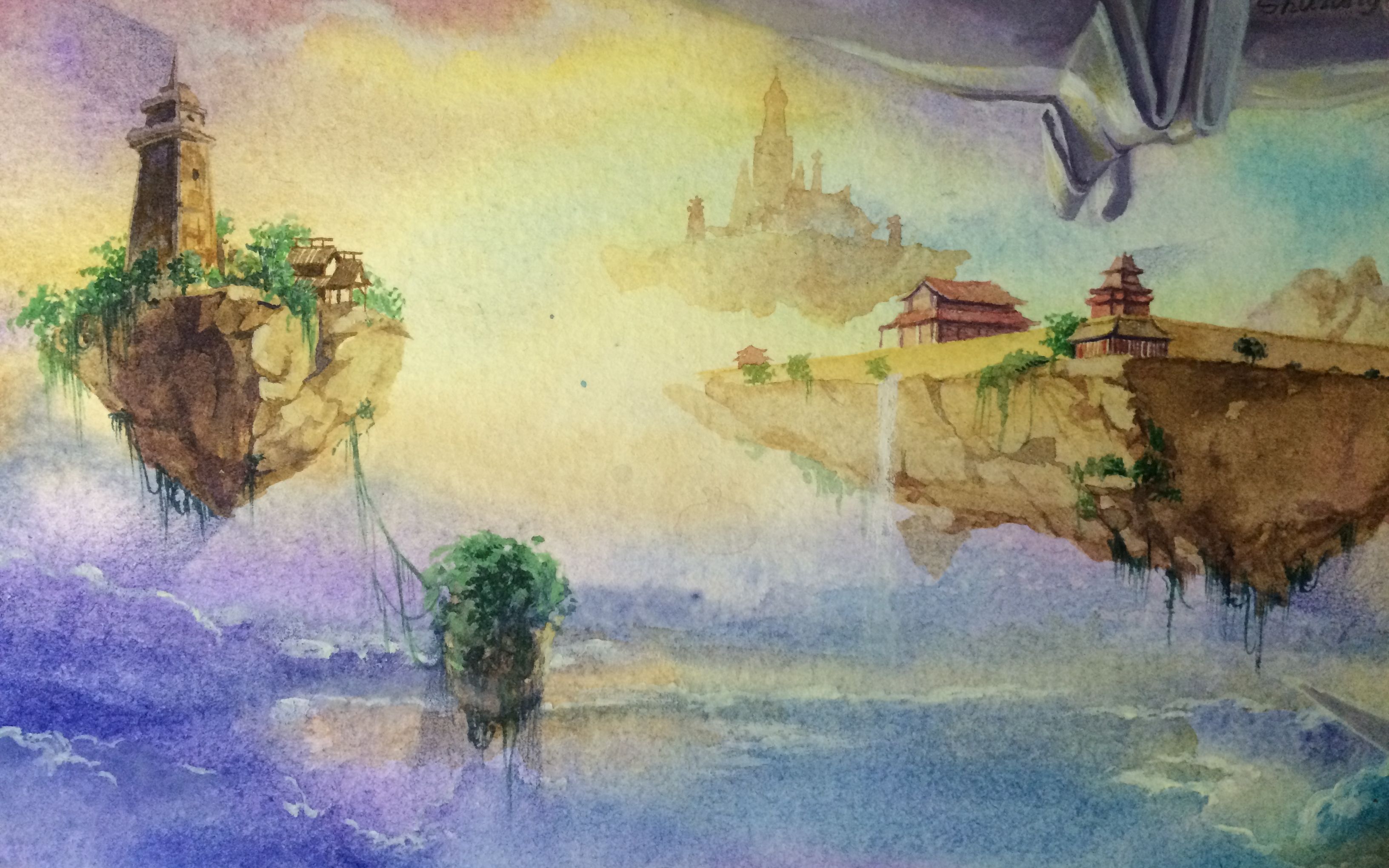 【水彩】一张东拼西凑的原创插画~~悬浮山/千纸鹤/天空之城——2017.