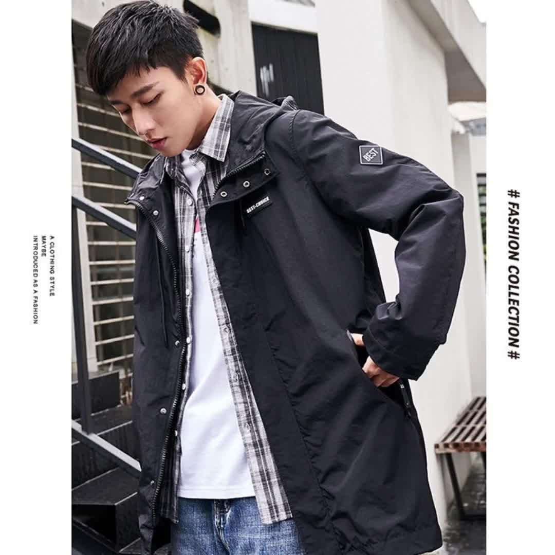 唐狮2022春季新款夹克男纯色连帽防风衣休闲宽松潮流男士外套5069