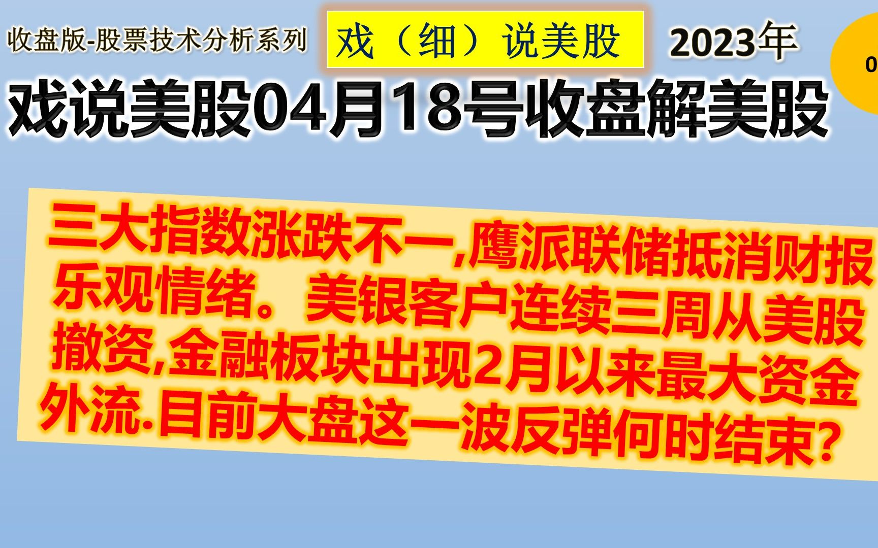 戏说美股4月18号收盘:三大指数涨跌不一,鹰派联储抵消财报乐观情绪.美银客户连续三周从美股撤资 金融板块出现2月以来最大资金外流.目前大盘这一波...