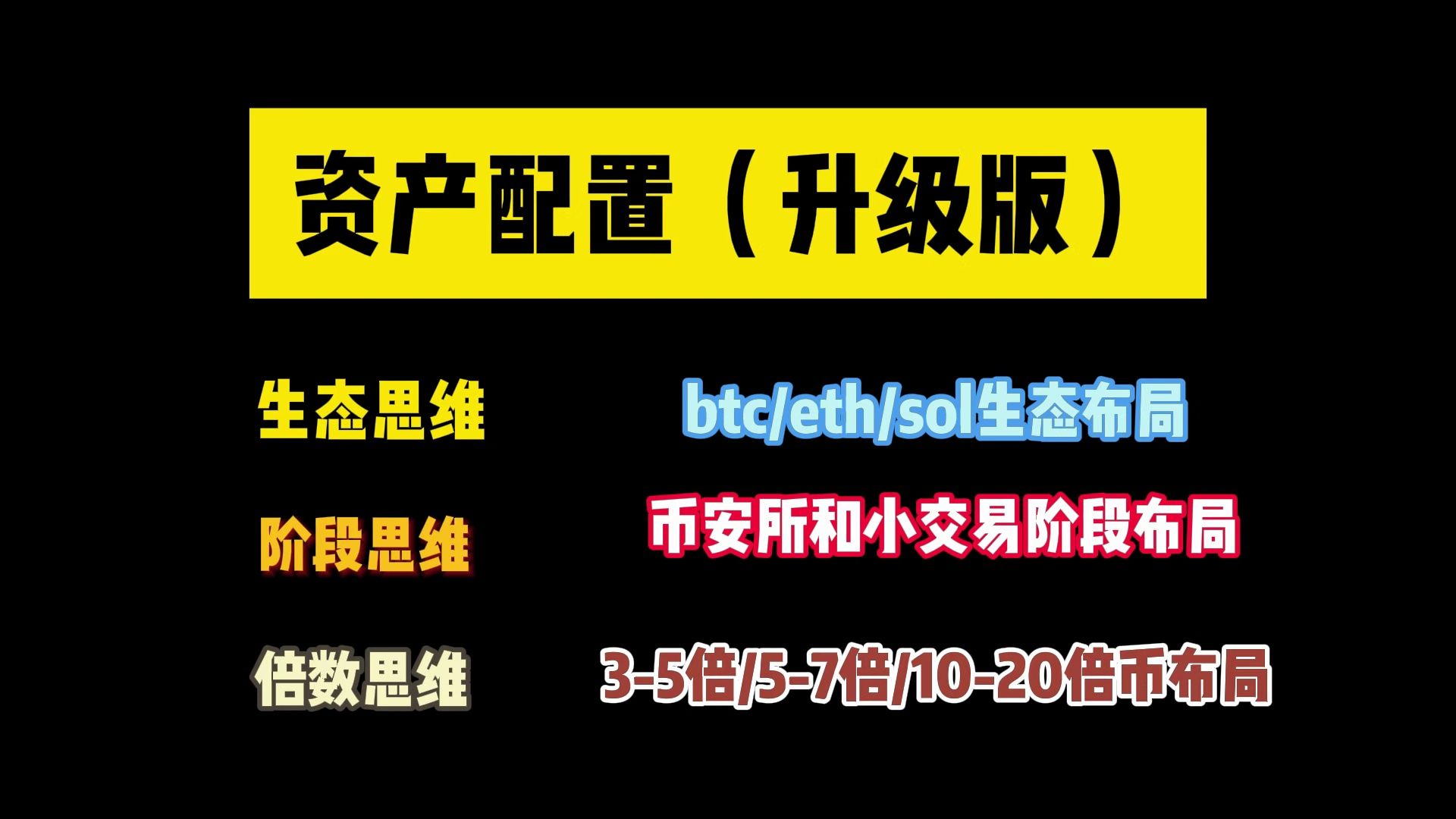 资产配置(升级版)生态思维,阶段思维,倍数思维,btc/eth/sol生态布局,币安所和小交易阶段布局,35倍/57倍/1020倍币布局哔哩哔哩bilibili