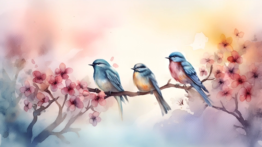 轻柔的仙雾,美丽的粉红色桃花挂在中间,花枝上一对红嘴蓝喜鹊甜蜜如爱