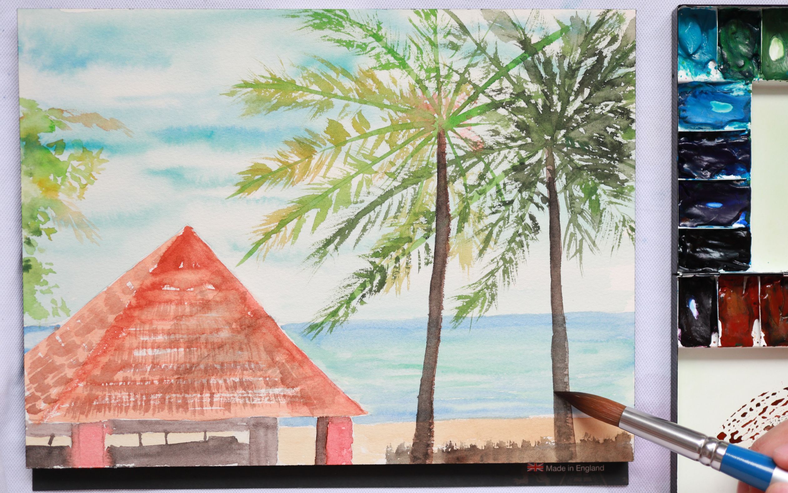 治愈水彩 夏日的海滩边 简单水彩画新手教程