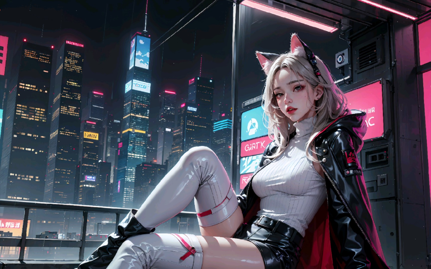 徘徊在赛博都市夜色中的绝美猫女|60期ai绘图横屏